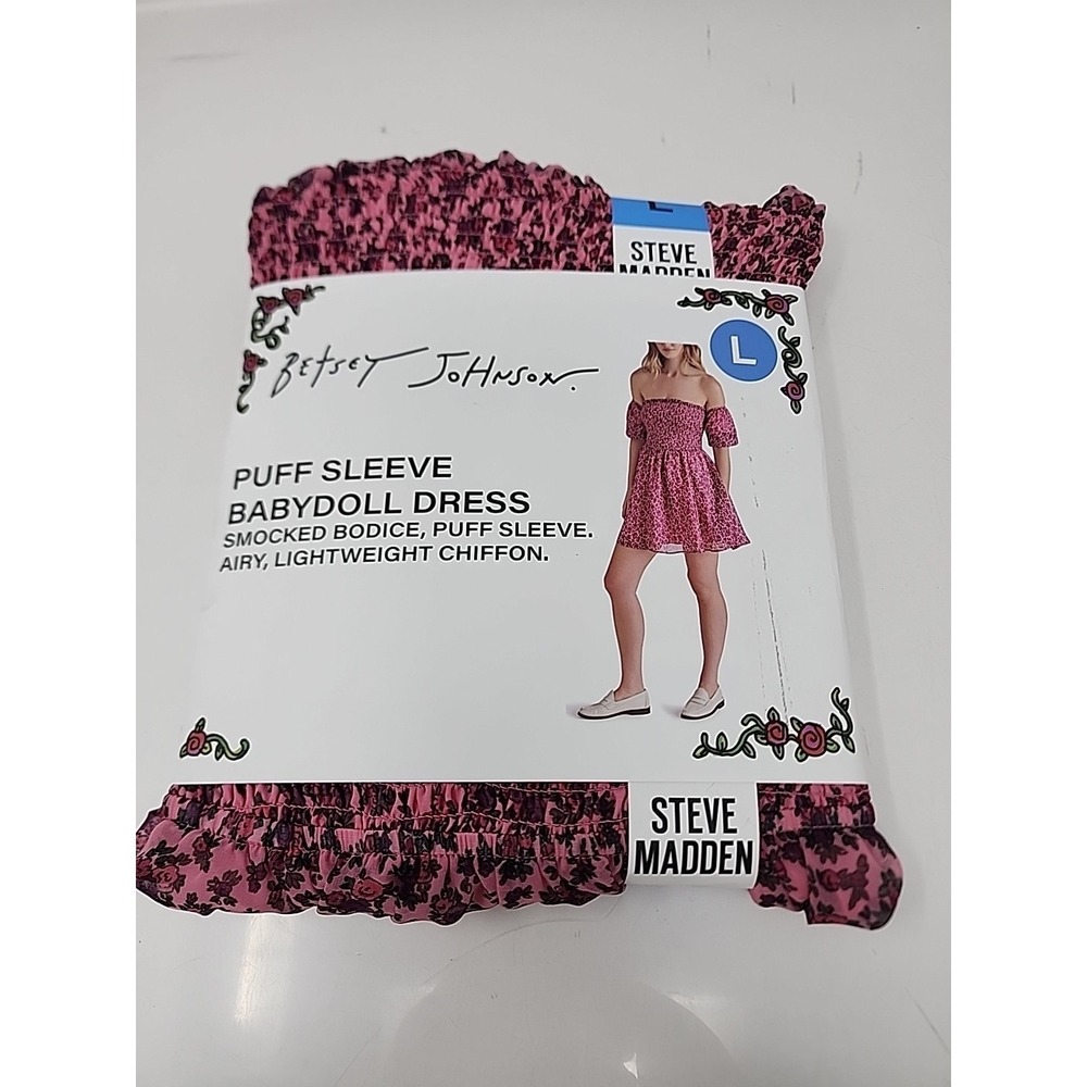 BETSY JOHNSON Puff‎ Sleeve Babydoll Dress L Pink floral preppy y2k nwt